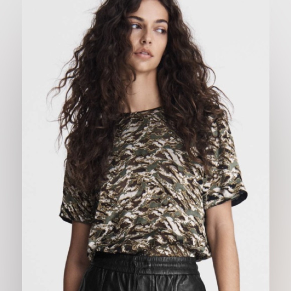 Rag & Bone Gia Camouflage-print Devoré-satin Silk Top In Green Multi size XS